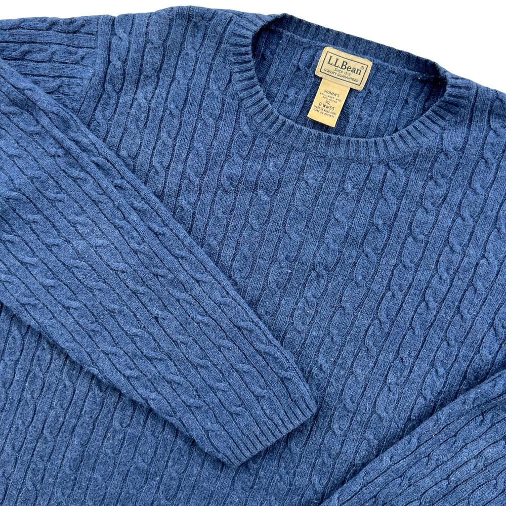 Vintage LL Bean Lambswool Cable Knit Sweater Women XL Blue Fisherman Cottage